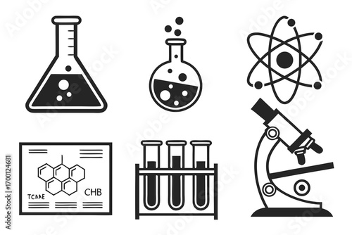 Collection of scientific laboratory equipment and symbols