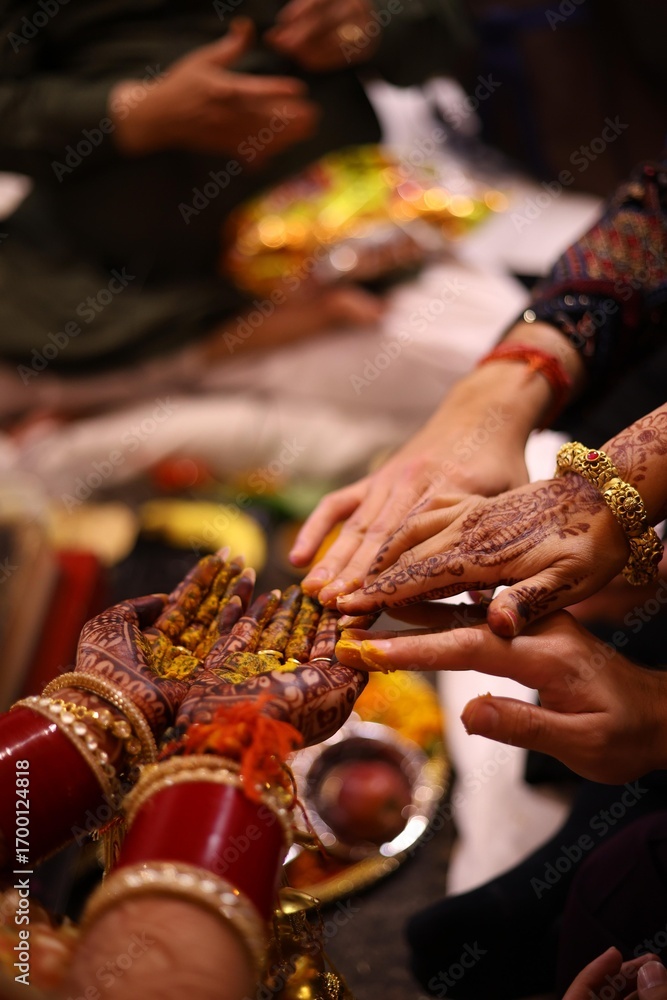 custom made wallpaper toronto digitalHaldi Ceremony with Family Applying Turmeric to Bride’s Hands During Hindu Wedding