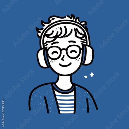 A cheerful young individual with curly hair and glasses wears headphones. They appear relaxed and engaged while enjoying music against a vibrant blue background.