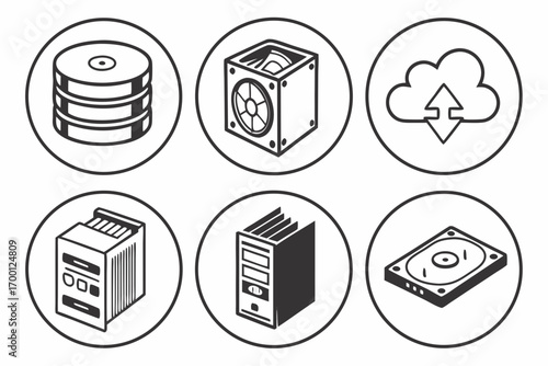 Set of computer hardware and cloud storage icons