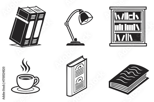 Collection of reading and study icons in black and white