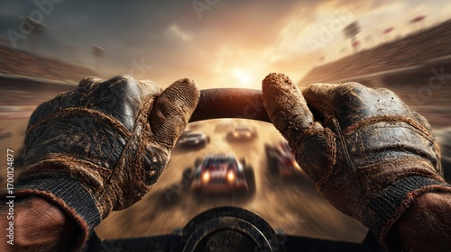 Racing Driver Hands On Steering Wheel At Sunset