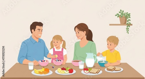 Happy family enjoys a healthy breakfast together with milk, fruits, and cereals
