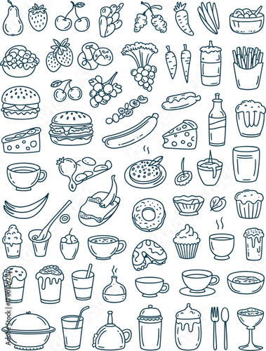Hand Drawn Doodle Icons of Food and Drinks on White Background Keywords: food, drink, doodle, icon, drawing, illustration, sketch