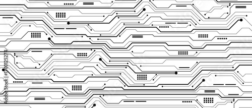 Abstract black circuit board technology connected lines electronics elements computer motherboard chip processor semiconductor digital on white background vector