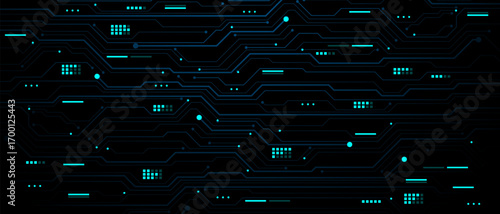 Abstract blue circuit board technology connected lines electronics elements computer motherboard chip processor semiconductor digital on black background vector