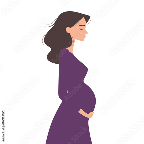 A pregnant woman stands in profile, gently holding her belly. She wears a flowing purple dress, and her hair falls softly around her shoulders. A calm and serene moment.