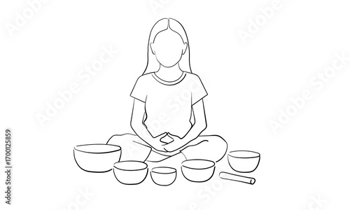 Girl meditating with singing bowls isolated on white background. Relax line art drawing. Vector illustration	