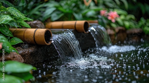 Zen garden water feature with bamboo pipes, lush plants, and flowers