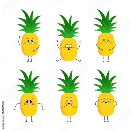 Cartoon pineapple character icon set. Pineapple mascot emoji set. Vector illustration