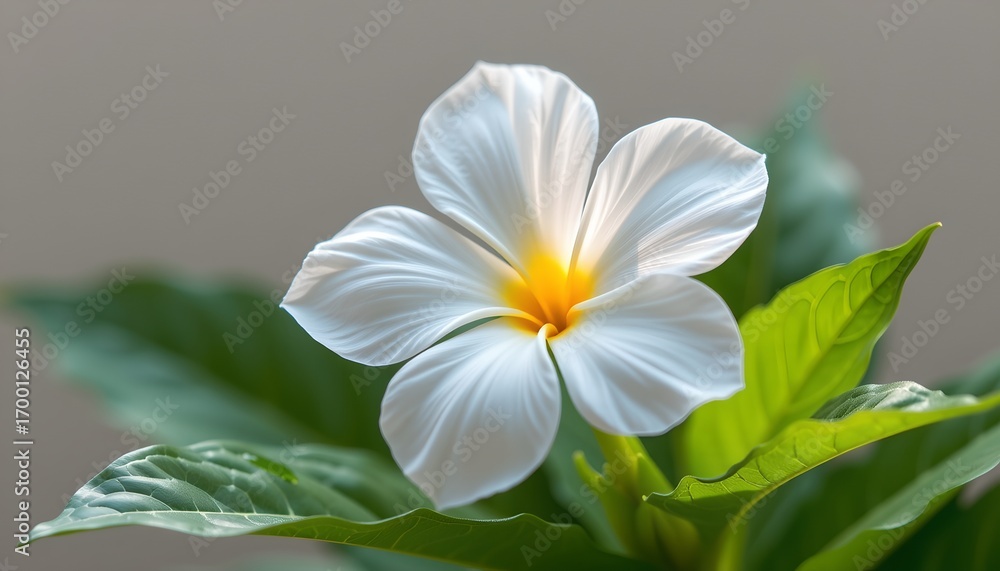 Fototapeta premium Close up of a beautiful white flower with a yellow center, surrounded by green leaves. The flower is in full bloom, showing off its delicate petals