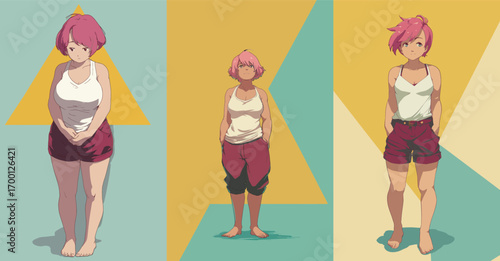 A character with pink hair showcases various stances against a vibrant geometric backdrop. The artwork captures personality through body language and color choices.