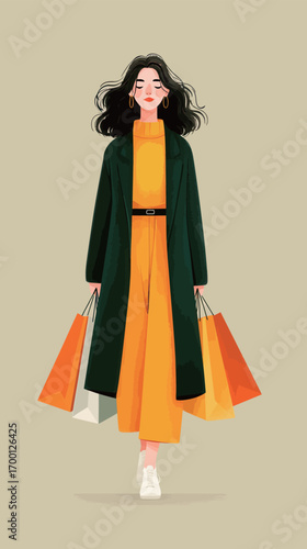 A stylishly dressed woman walks confidently while holding shopping bags in vibrant colors. Her outfit features a modern coat and a chic jumpsuit.