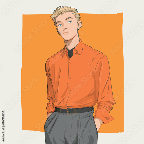 A young man with blonde hair wears an orange button-up shirt and gray pants while striking a confident pose against a vibrant background, showcasing his stylish look.