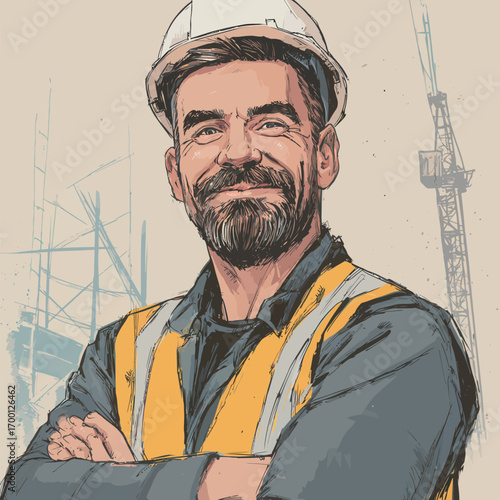 A construction worker stands confidently with arms crossed, wearing a hard hat and safety vest. The background shows cranes and building structures under construction.