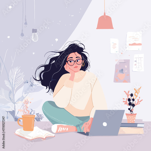 A young woman sits comfortably with a laptop in a cozy indoor environment. She appears focused while surrounded by plants, books, and a warm beverage.