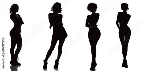 Silhouettes of four distinct female figures are positioned artistically, showcasing different body types and poses.