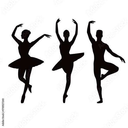 Three ballet dancers showcase their elegance and athleticism through graceful poses against a simple backdrop, emphasizing movement and balance.
