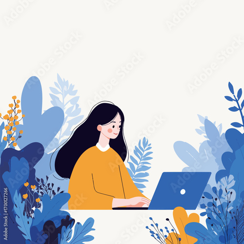 A young woman is engaged in her work on a laptop at a bright workspace. Colorful plants and foliage create a vibrant atmosphere around her, adding a refreshing touch.