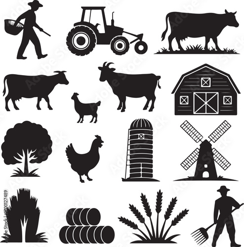 Farm Silhouettes With Tractor Barn Windmill And Animals Keywords: farm, agriculture, tractor, barn
