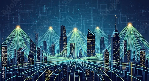 Modern cityscape glows with digital connectivity and circuit board design for a tech-forward future