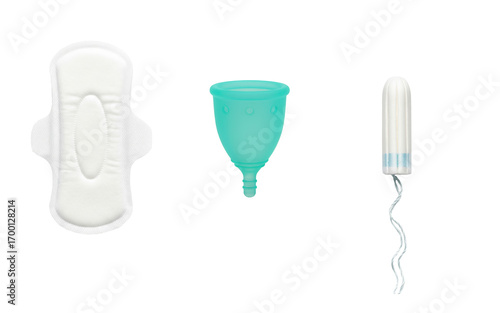 Menstrual pad, tampon and menstrual cup set, feminine hygiene products isolated transparent background