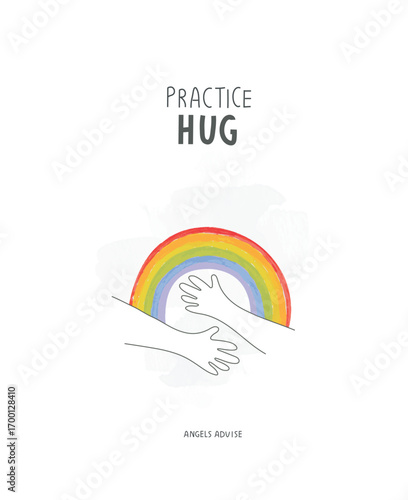 Vector hand drawn cartoon sketch of hands hug with a rainbow. Feel joy, happiness is in your hands, you are the creator of your state.Thinking positive and feeling happy