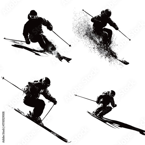 Various skiing techniques are showcased, featuring a skier in motion, expertly navigating challenging slopes on a snowy day. Each position illustrates skill and agility.