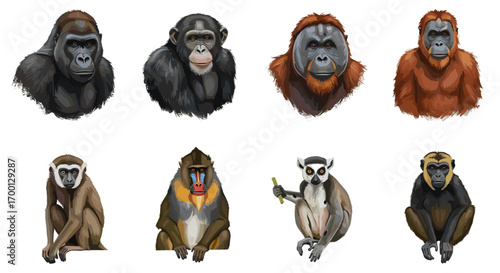 Set of eight different primates including gorilla chimpanzee orangutan mandrill lemur and monkey isolated on white background