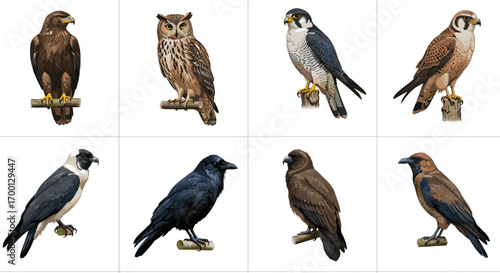 Collection of Various Birds of Prey and Crows Perched on Branches Isolated on White Background