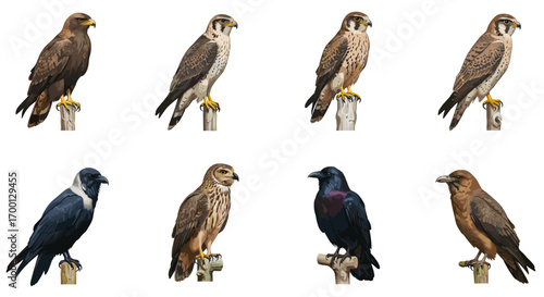 Collection of Birds of Prey and Crows Perched on Wooden Posts Isolated on White Background