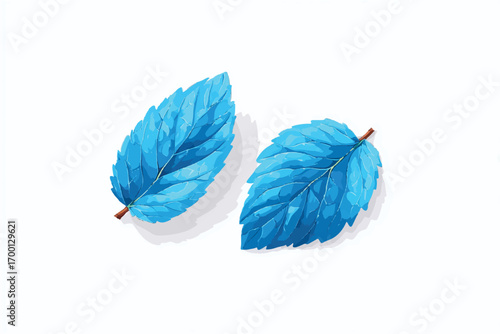 Two vibrant blue mint leaves on a clean white background creating a refreshing and calming visual
