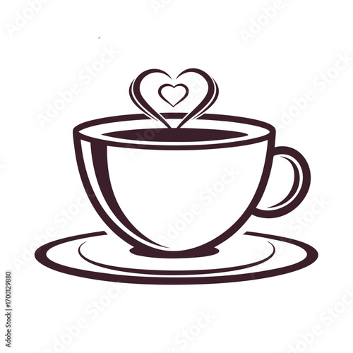 Dark purple coffee cup with heart shaped steam on white saucer vector