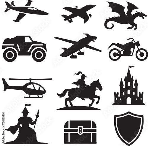 Collection of Silhouettes of Vehicles Fantasy and Medieval Icons Keywords: airplane, jet, dragon, A