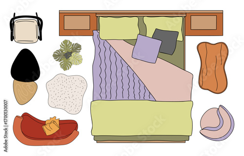 Flat vector set of modern bedroom furniture and decor top view. Includes bed, chairs, sofa, rugs, plants, and accessories. Perfect for interior design projects and floor plans. Isolated