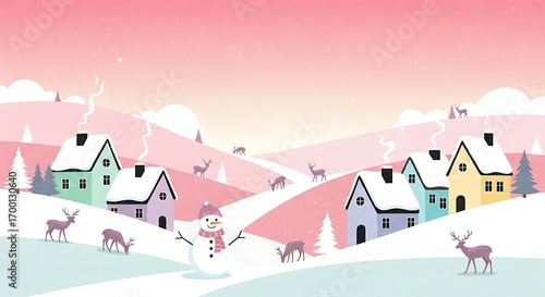 Winter Village Scene with Deer and Snowman.