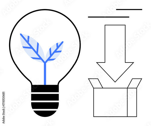 Lightbulb containing a plant representing innovation and growth, arrow pointing to an open box for packaging, storage, or solutions. Ideal for sustainability, creativity, eco-design, green energy