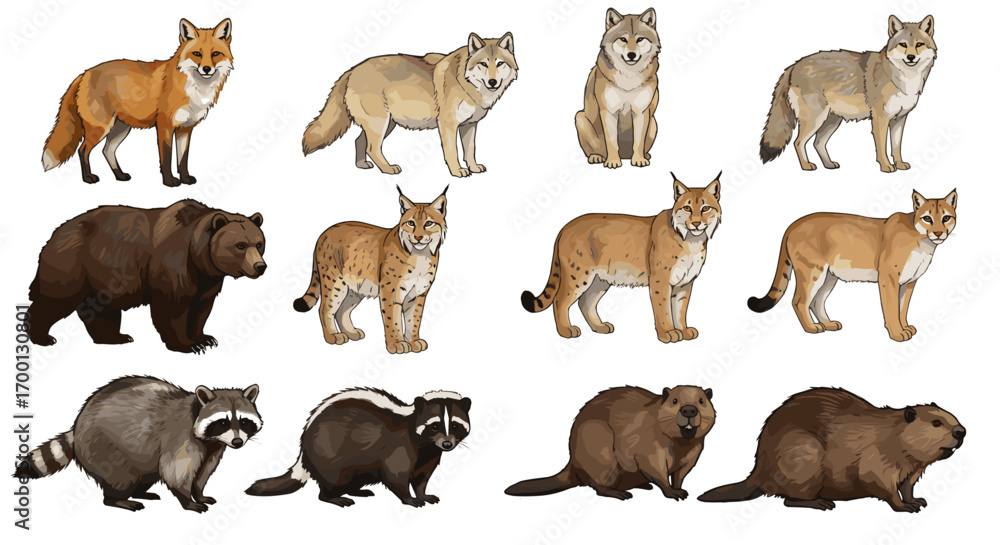 Obraz premium Collection of North American Wild Animals Realistic Pixel Art Style Isolated on White Background