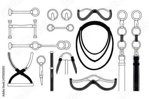 Silhouette of the horse  Line Illustration, Riding Gear, Tack Elements, Equestrian Equipment, Horses, Saddles, Reins, Horse Riding Accessories, Vector Outline, Horse Tack Design