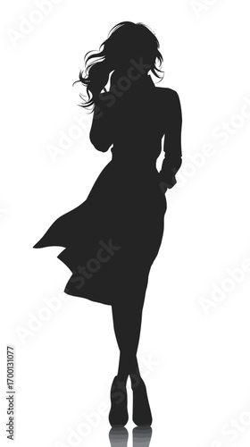 A silhouette of a woman standing confidently with flowing hair and a dress. Her hand is in her hair as she poses gracefully. The background is pure white.