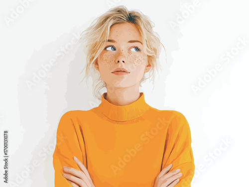 A young woman stands confidently with arms crossed in a bright yellow sweater, her freckles accentuating her expressive features and thoughtful gaze.