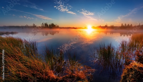 Beautiful Red Dawn On The Lake The Rays Of The Sun Through The Fog The Blue Sky Over The Lake The Morning Comes The Sky Is Reflected In The Water