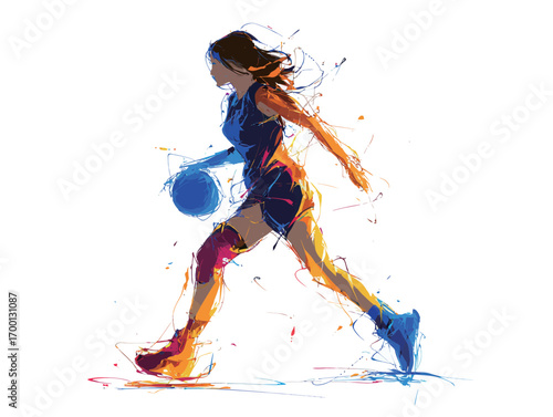 A basketball player sprints across the court, dribbling the ball with agility and determination. The colorful artwork captures the energy of the game.