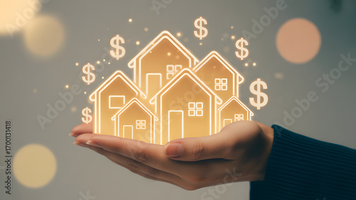 Real Estate Investment: A conceptual shot of a hand cradling illuminated house icons amidst dollar signs, representing property investment, growth, and financial security.