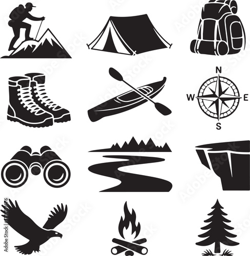 Outdoor Adventure and Camping Icons Set Silhouette Collection Keywords: adventure, camping, hiking
