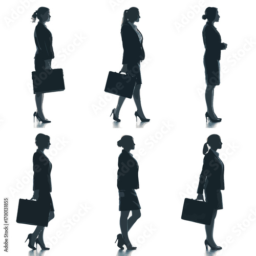 Six silhouettes of businesswomen in formal attire walking in various poses. The focus is on their confident demeanor and professional style.