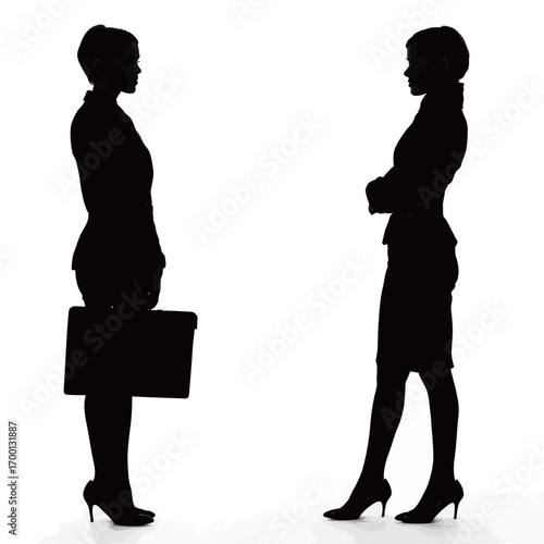 Two silhouetted business professionals stand facing each other in a corporate setting, engaging in a serious discussion while one holds a briefcase.