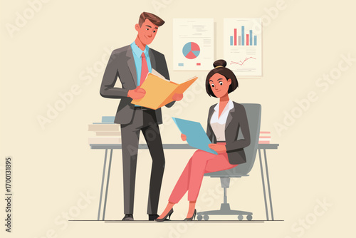 Two business professionals engage in a discussion about reports in a contemporary office environment.