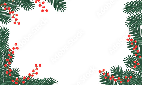 Christmas and New Year background with fir branches and European holly berries on transparent or white background. Vector image.