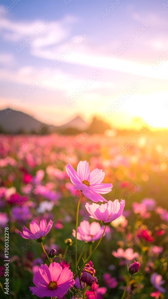 Obraz premium A breathtaking field of pink cosmos flowers in full bloom, bathed in the golden light of a beautiful sunrise.